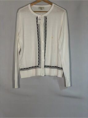 NWT LOFT XL Ivory Black Embroidered Trim Cotton Cardigan Sweater